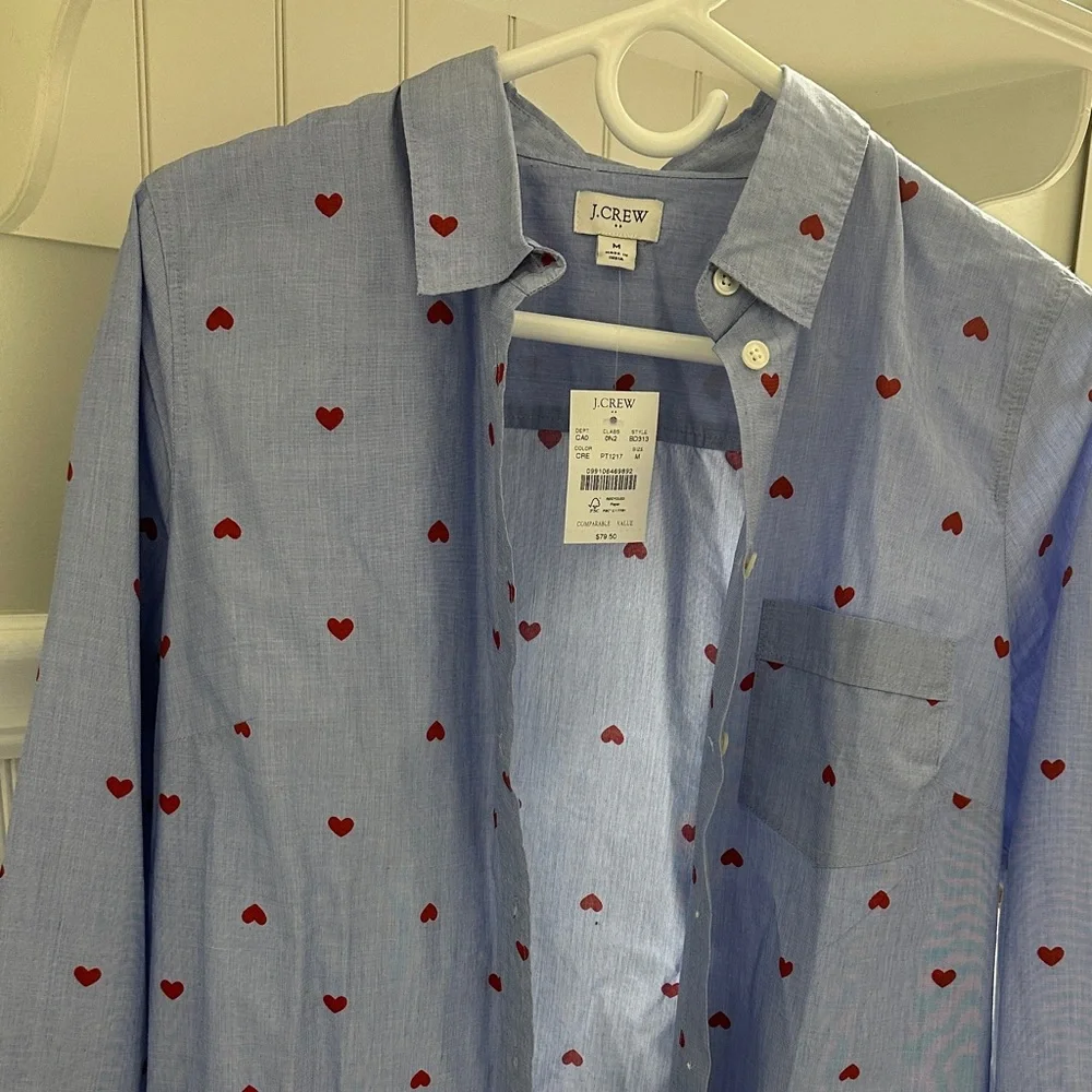 J. Crew Factory blue cotton blouse red heart  accents. NWT. - Picture 1 of 2